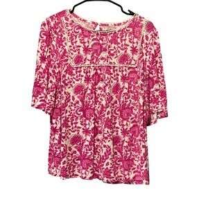 Studio Park Pink Floral Lace Trim Blouse Large Romantic Cottagecore Top